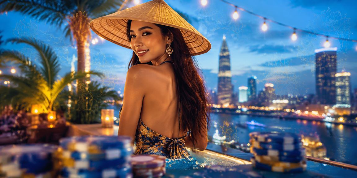 Người chơi cá cược trực tuyến tại TP. Hồ Chí Minh với nón lá, không gian giải trí casino hiện đại